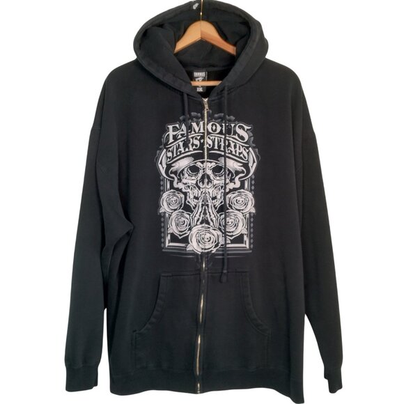 Famous Stars Straps Sweatshirt Men XXL Black Full Zip Skull Roses Hoodie - Picture 2 of 13